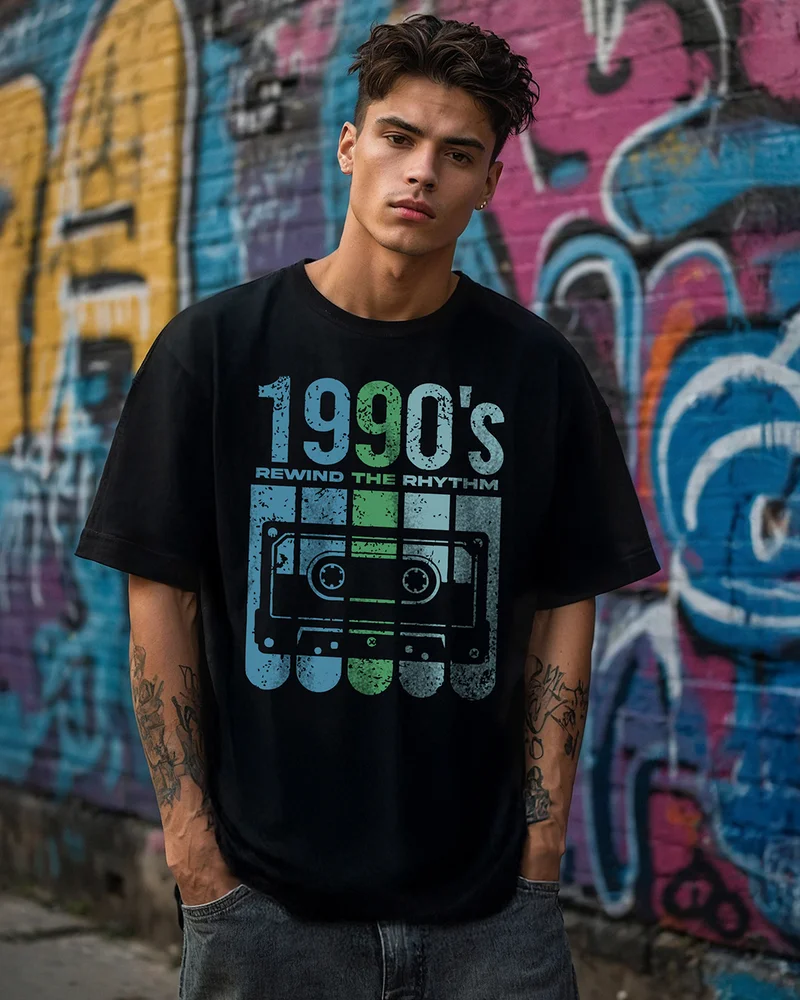 bewakoof Men's Jet Black Rewind The Rythm Graphic Printed Oversized T-shirt